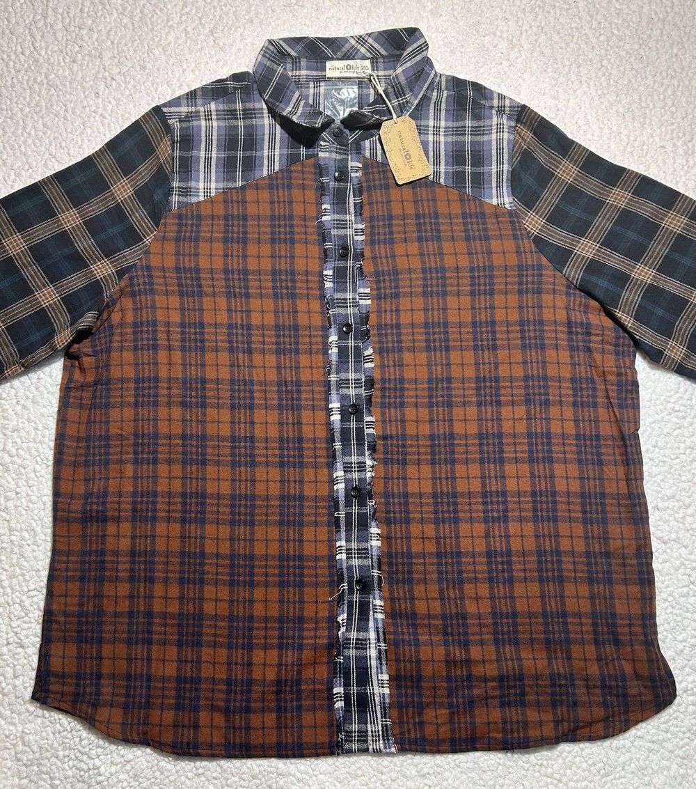 Natural Life Patchwork Plaid Flannel Shirt Multi Color Boho Frayed Trim NWT L/XL